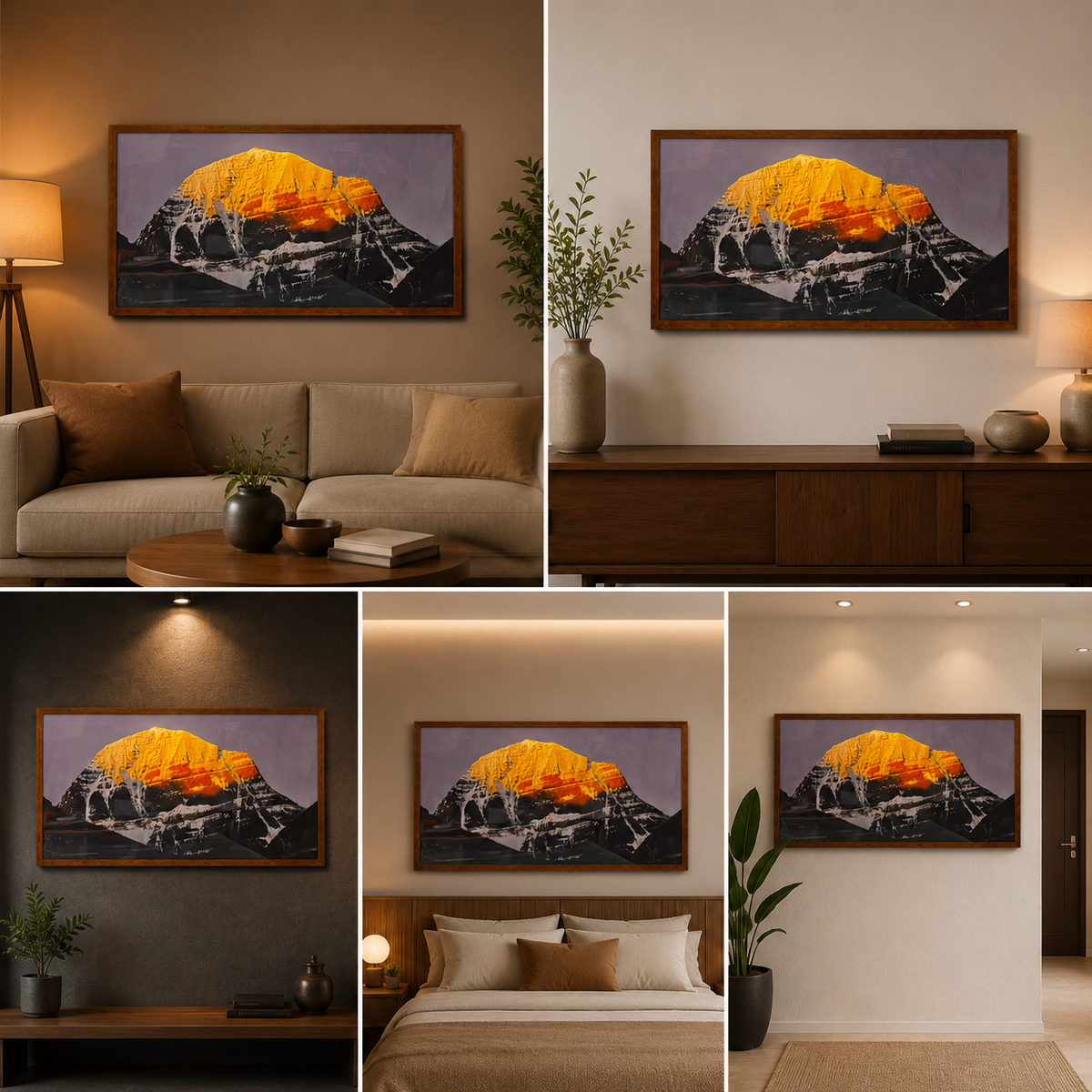 Mount Kailash with a golden sunlit summit canvas artwork shown above a sofa, wooden consoles and bed, and beside indoor plants.