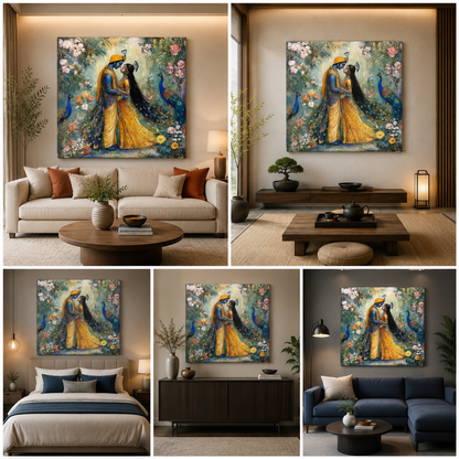 Radha Krishna Romantic Peacock Canvas Painting Frame Floral Wall Art for Living Room Decor