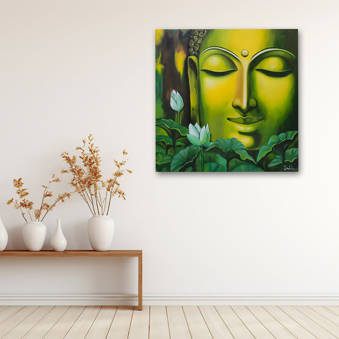 Green Buddha Face Wall Painting | Modern Spiritual Canvas Art for Living Room & Home Decor