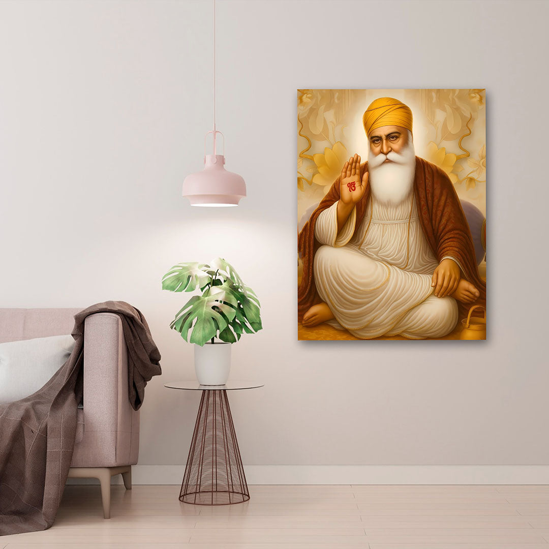 Guru Nanak Dev Ji Sitting Blessing Canvas Painting – Spiritual Sikh Wall Art Canvas Painting Frame for Living Room