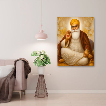 Guru Nanak Dev Ji Sitting Blessing Canvas Painting – Spiritual Sikh Wall Art Canvas Painting Frame for Living Room