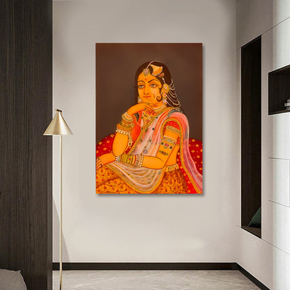 Royal Indian Woman Portrait Canvas Wall Art | Traditional Rajasthani Lady Painting | Elegant Heritage Decor