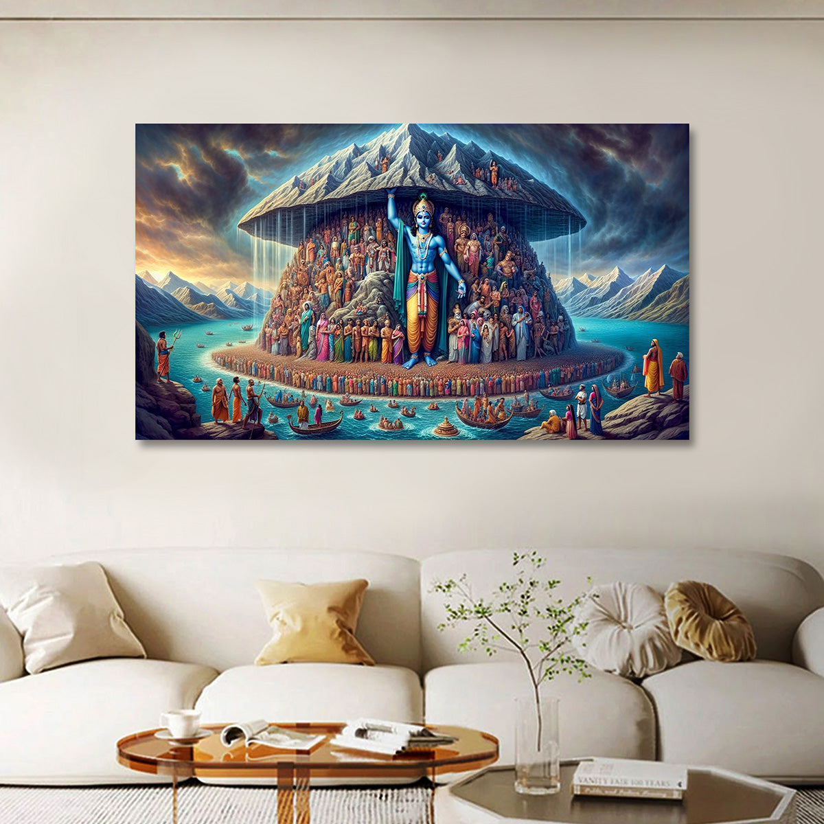 Govardhan Krishna Canvas Painting Frame Wall Decor for Living Room Spiritual Mountain Artwork