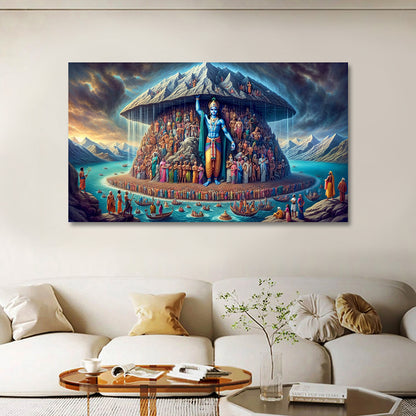 Govardhan Krishna Canvas Painting Frame Wall Decor for Living Room Spiritual Mountain Artwork