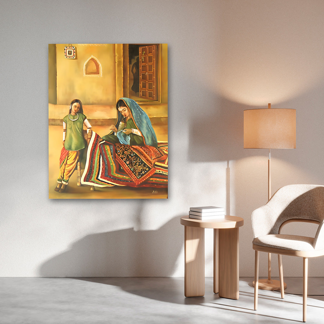Traditional Indian Village Life Wall Painting | Handmade Craft Scene Canvas Art for Home Decor
