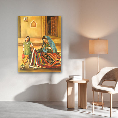 Traditional Indian Village Life Wall Painting | Handmade Craft Scene Canvas Art for Home Decor