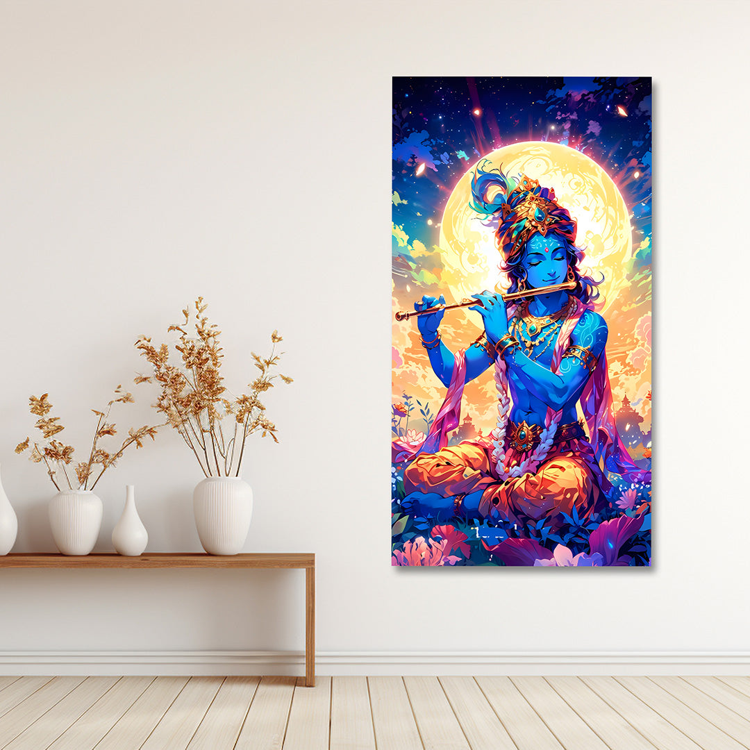 Lord Krishna Moonlight Canvas Painting Frame Vibrant Spiritual Wall Decor for Living Room