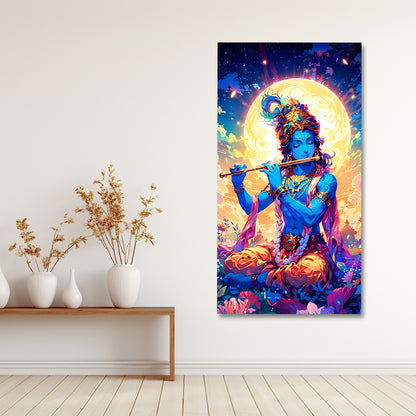 Lord Krishna Moonlight Canvas Painting Frame Vibrant Spiritual Wall Decor for Living Room
