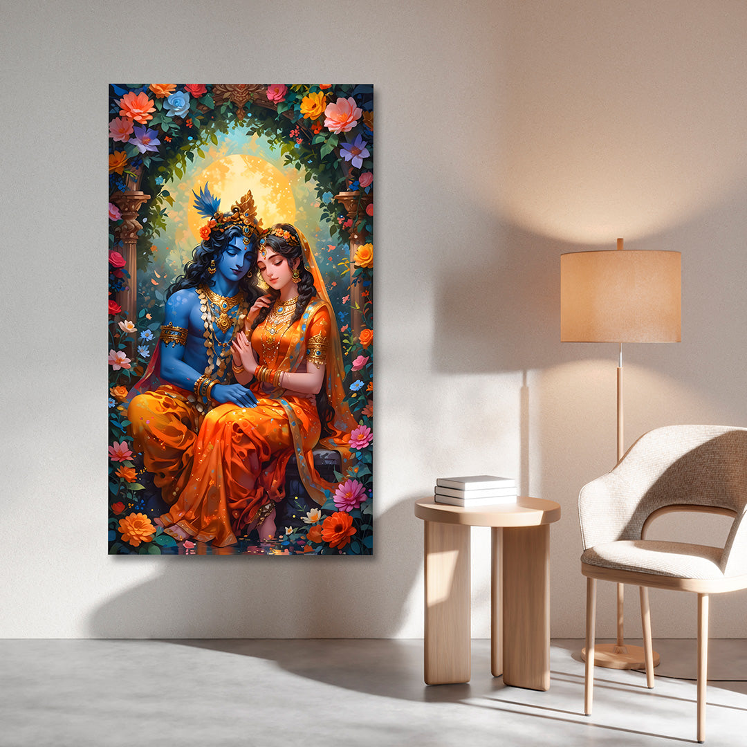 Radha Krishna Floral Canvas Painting Frame | Romantic Divine Couple Wall Art with Flower Arch | Large Spiritual Canvas Wall Decor for Living Room