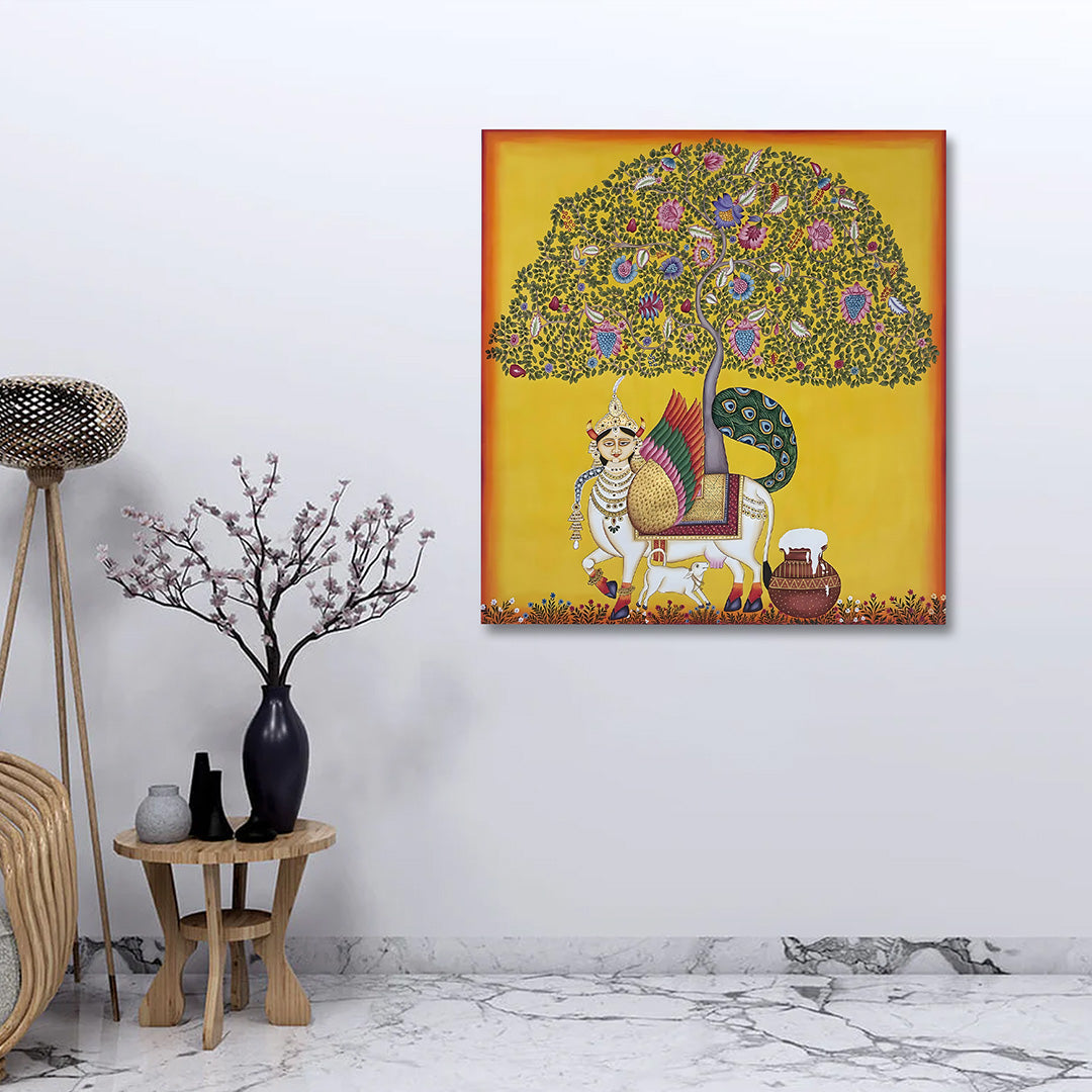 Pichwai Tree of Life Canvas Painting Frame | Sacred Cow Krishna Wall Art | Traditional Nathdwara Canvas Wall Decor for Living Room