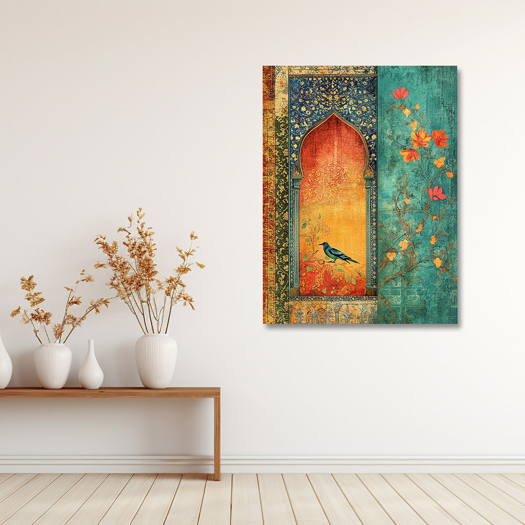 Vintage Mughal Arch Bird Canvas Wall Painting | Floral Heritage Artwork | Premium Ethnic Wall Decor