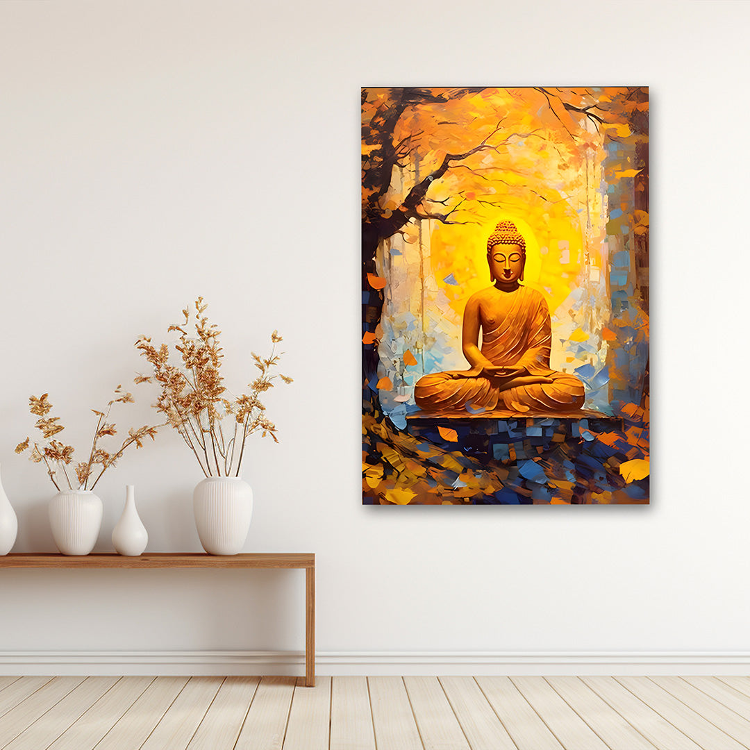 Golden Buddha Meditation Wall Painting | Spiritual Canvas Art for Peaceful Home Decor