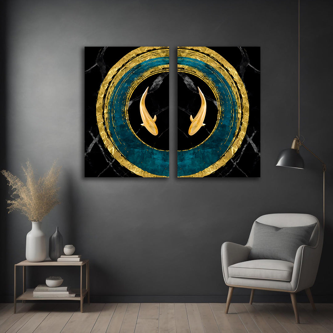 Abstract Gold Koi Fish Circle Canvas Painting Wall Art Set – Frame for Living Room (18 x 24 Inches Each Part)