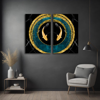 Abstract Gold Koi Fish Circle Canvas Painting Wall Art Set – Frame for Living Room (18 x 24 Inches Each Part)