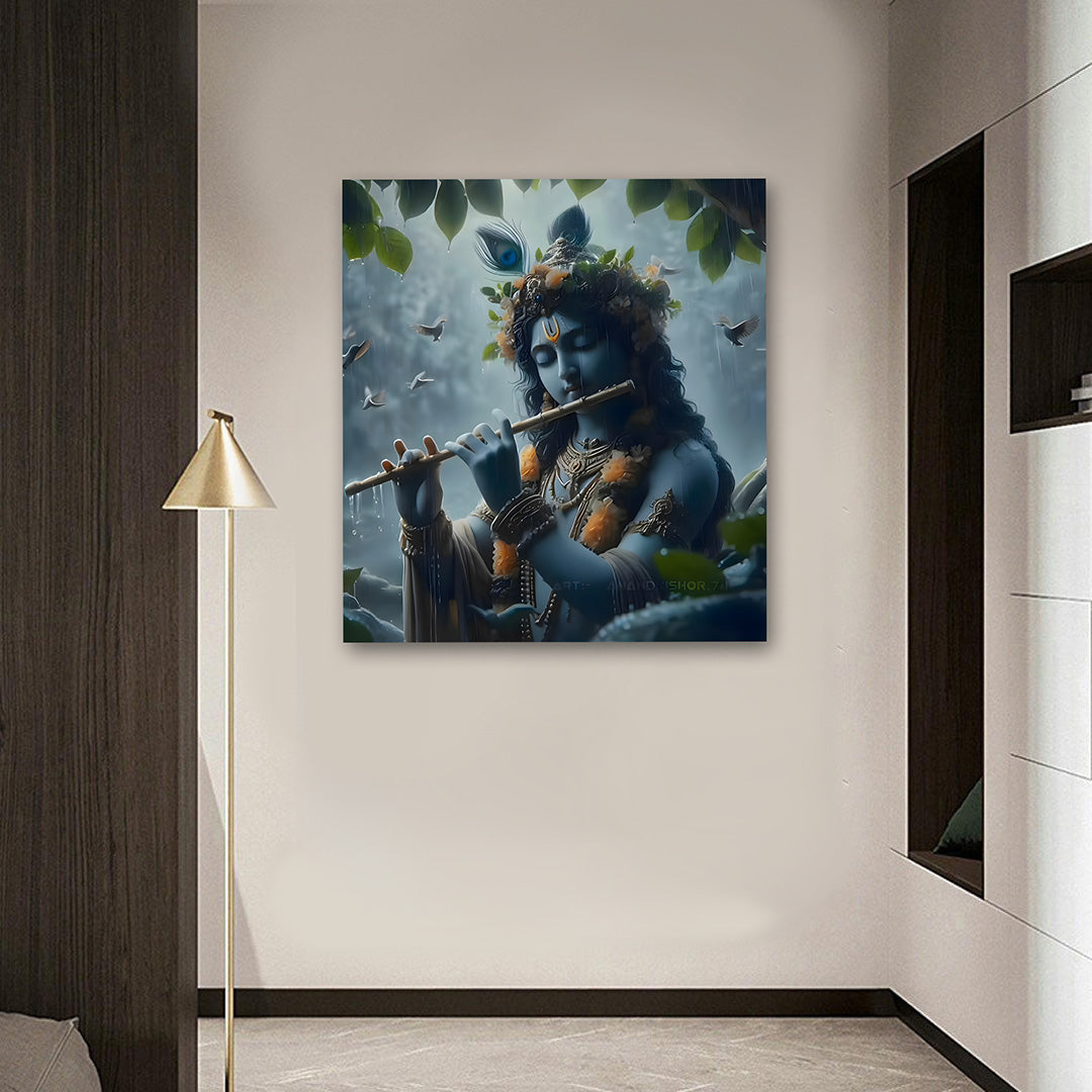 Lord Krishna Flute Wall Painting | Divine Spiritual Canvas Art for Home Decor