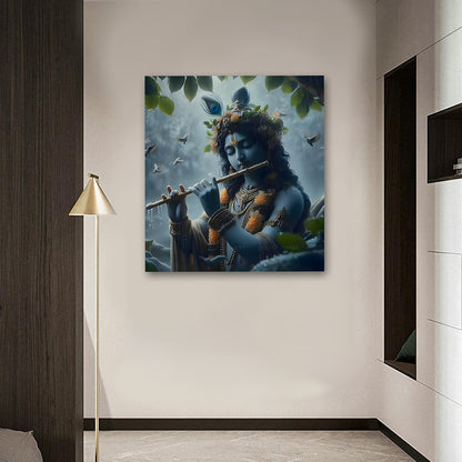 Lord Krishna Flute Wall Painting | Divine Spiritual Canvas Art for Home Decor