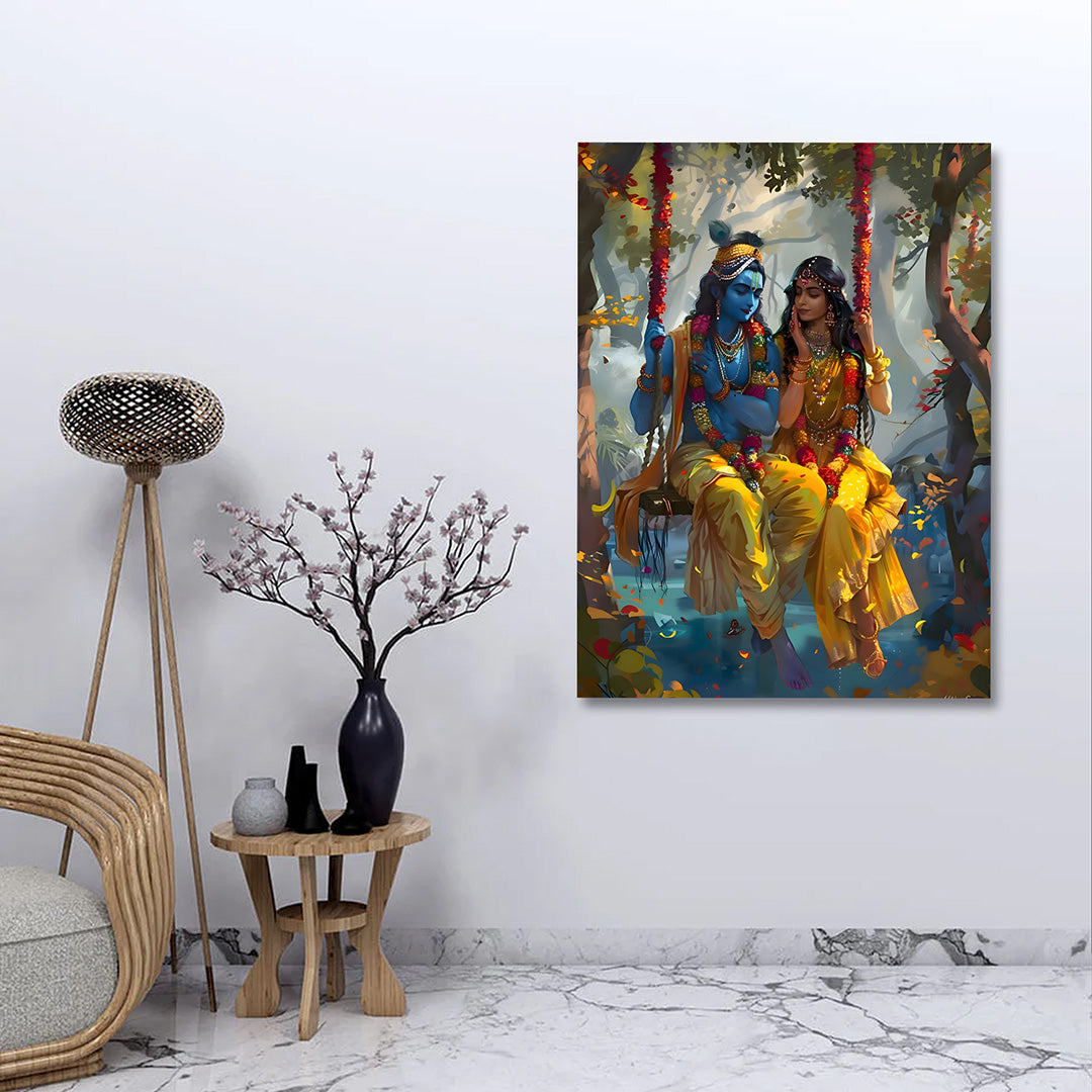 Radha Krishna Jhula Canvas Painting Frame | Vrindavan Forest Theme Spiritual Wall Art | Large Canvas Wall Decor for Living Room