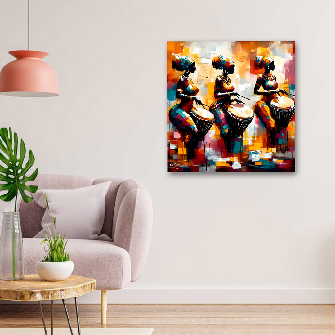 African Women Drummer Wall Painting | Abstract Tribal Canvas Art for Modern Home Decor
