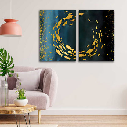 Abstract Gold Fish Canvas Painting Wall Art – Large Size Frame for Living Room (18 x 24 Inches Each Part)