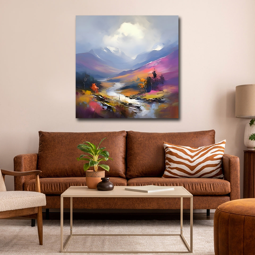 Canvas Painting Wall Frame | Serene Impressionist Mountain River Landscape | Vibrant Purple and Gold Valley Modern Wall Art Decors