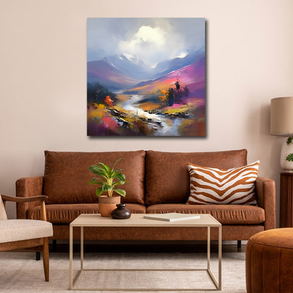 Canvas Painting Wall Frame | Serene Impressionist Mountain River Landscape | Vibrant Purple and Gold Valley Modern Wall Art Decors