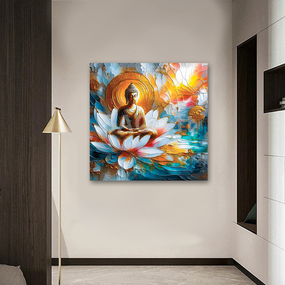 Buddha Sitting on Lotus Wall Painting | Spiritual Canvas Art for Peaceful Home Decor