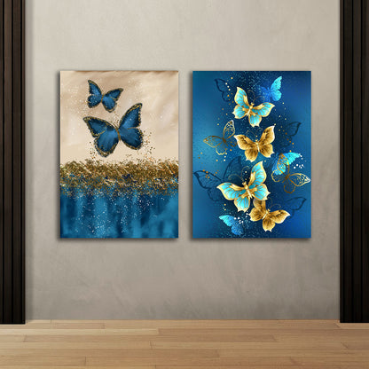 Blue Gold Butterfly Canvas Painting Set of 2 Modern Wall Art (18 x 24 Inches Each Part)