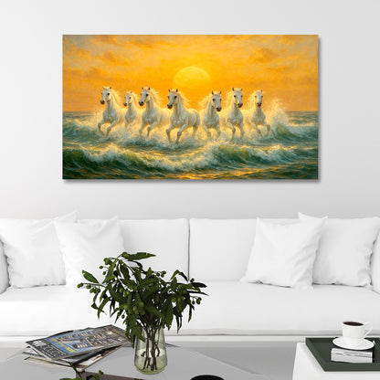 Seven White Horses Sunset Canvas Painting Frame Wall Decor for Living Room Vastu Artwork
