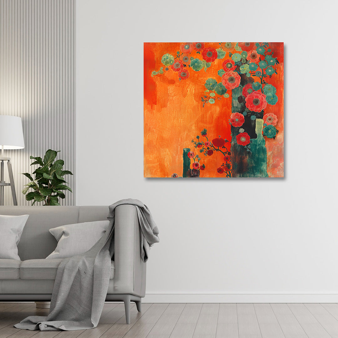Modern Floral Abstract Canvas Wall Art | Orange & Teal Bloom Painting | Contemporary Statement Decor