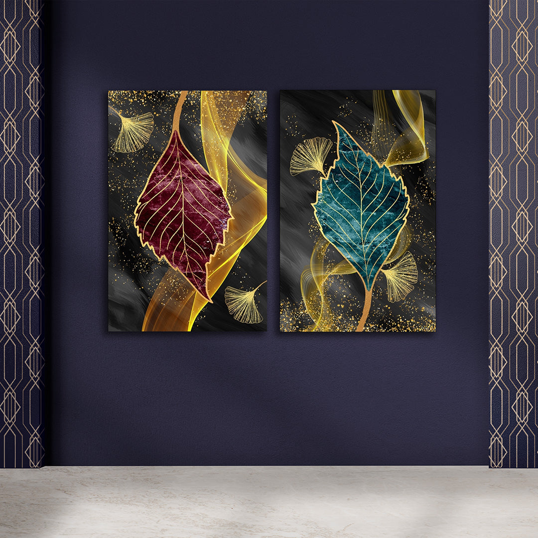 Abstract Gold Leaf Canvas Painting Wall Art Set – Large Size Frame (18 x 24 Inches Each Part)