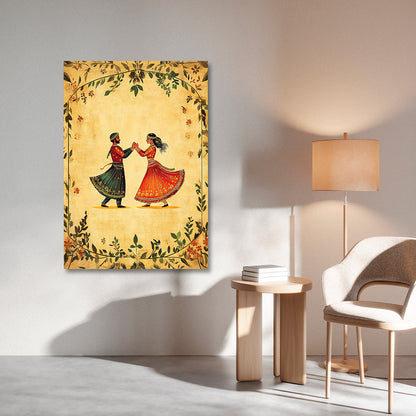 Traditional Rajasthani Couple Dance Canvas Wall Painting | Folk Art Romantic Artwork | Premium Ethnic Wall Decor