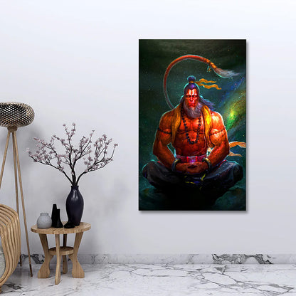 Lord Hanuman Meditation Canvas Painting Frame | Powerful Hanuman Wall Art | Spiritual Warrior Canvas Wall Decor for Living Room