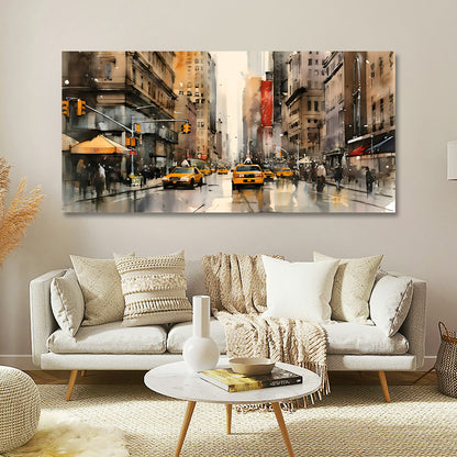 Modern City Street Canvas Wall Art with Yellow Taxi Urban Painting