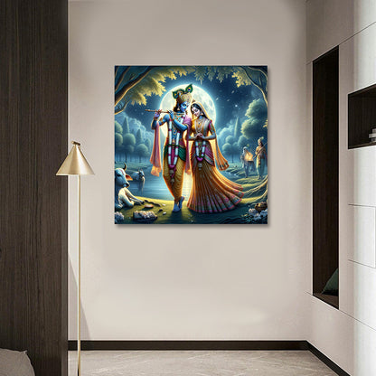 Radha Krishna Moonlight Canvas Painting Frame Wall Decor for Living Room Spiritual Artwork