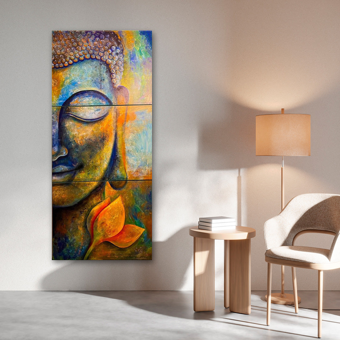 Abstract Buddha Face Wall Painting with Lotus | Spiritual Canvas Art for Modern Home Decor