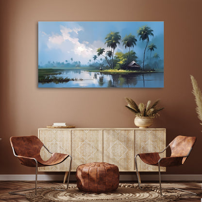 Scenic Tropical Landscape Wall Painting with Palm Trees | Modern Nature Canvas Art | Horizontal Acrylic UV Printed Wall Decor