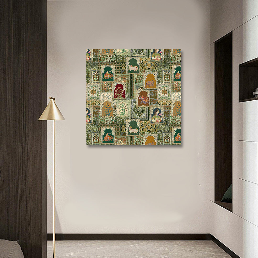 Mughal Patchwork Canvas Wall Painting | Royal Miniature Motif Collage Art | Vintage Indian Heritage Decor
