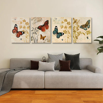 Vintage Butterfly Wall Art Set of 4 Panels | Classic Floral Canvas Painting | Acrylic UV Printed Wall Decor for Living Room Bedroom (12 x 18 Inches Each Part)