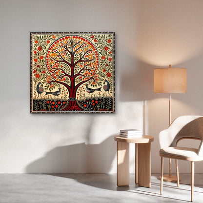 Tree of Life Madhubani Canvas Wall Art | Traditional Indian Folk Nature Painting for Home Decor