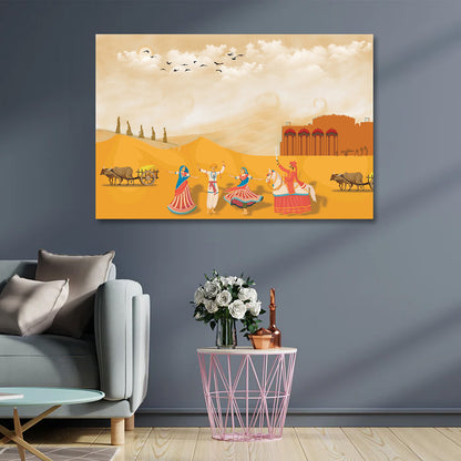 Rajasthani Culture Canvas Painting Frame Wall Decor for Living Room Desert Folk Art Artwork