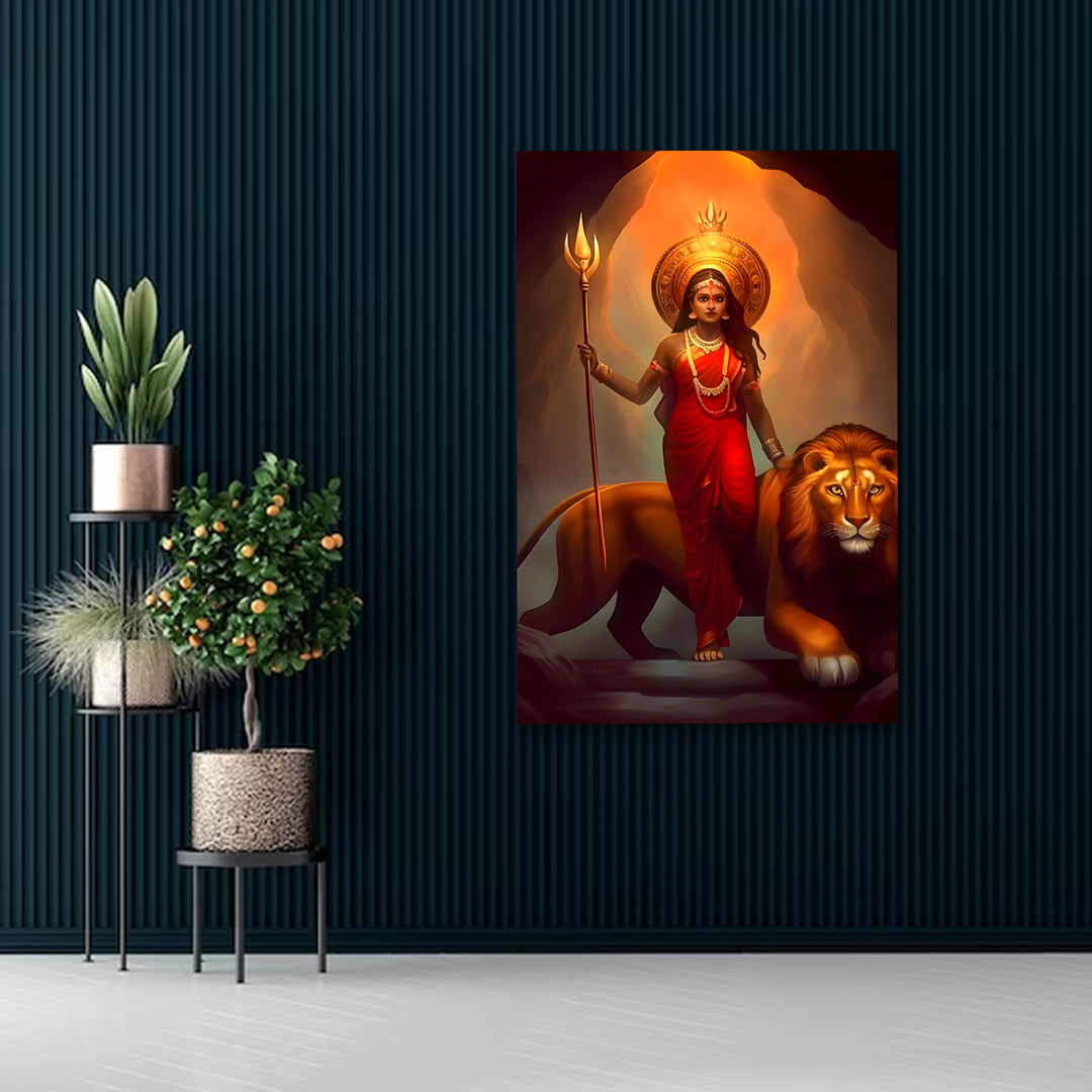 Maa Durga with Lion Divine Wall Painting | Spiritual Canvas Art for Home & Temple