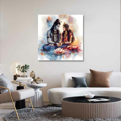 Shiv Parvati Watercolor Canvas Painting Frame | Minimal Divine Couple Wall Art | Large Spiritual Canvas Wall Decor for Living Room