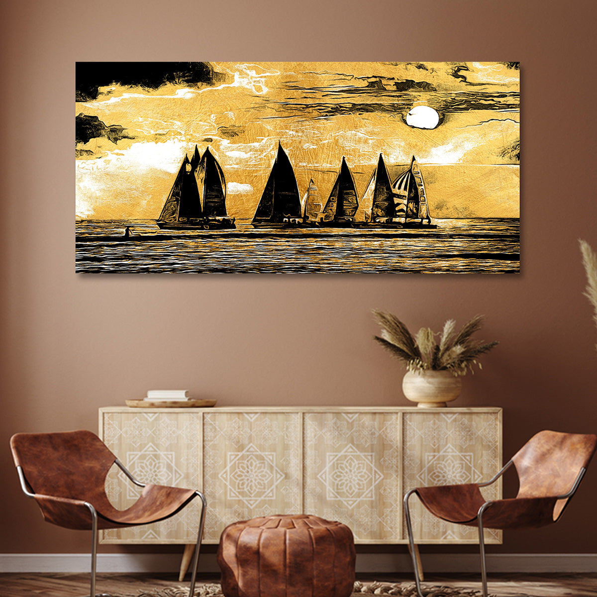 Golden Sailboat Sunset Canvas Wall Art Seascape Painting for Living Room