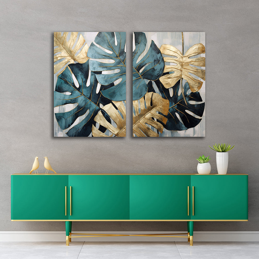 Monstera Leaf Canvas Wall Art 2 Panel Botanical Painting Decor (18 x 24 Inches Each Part)