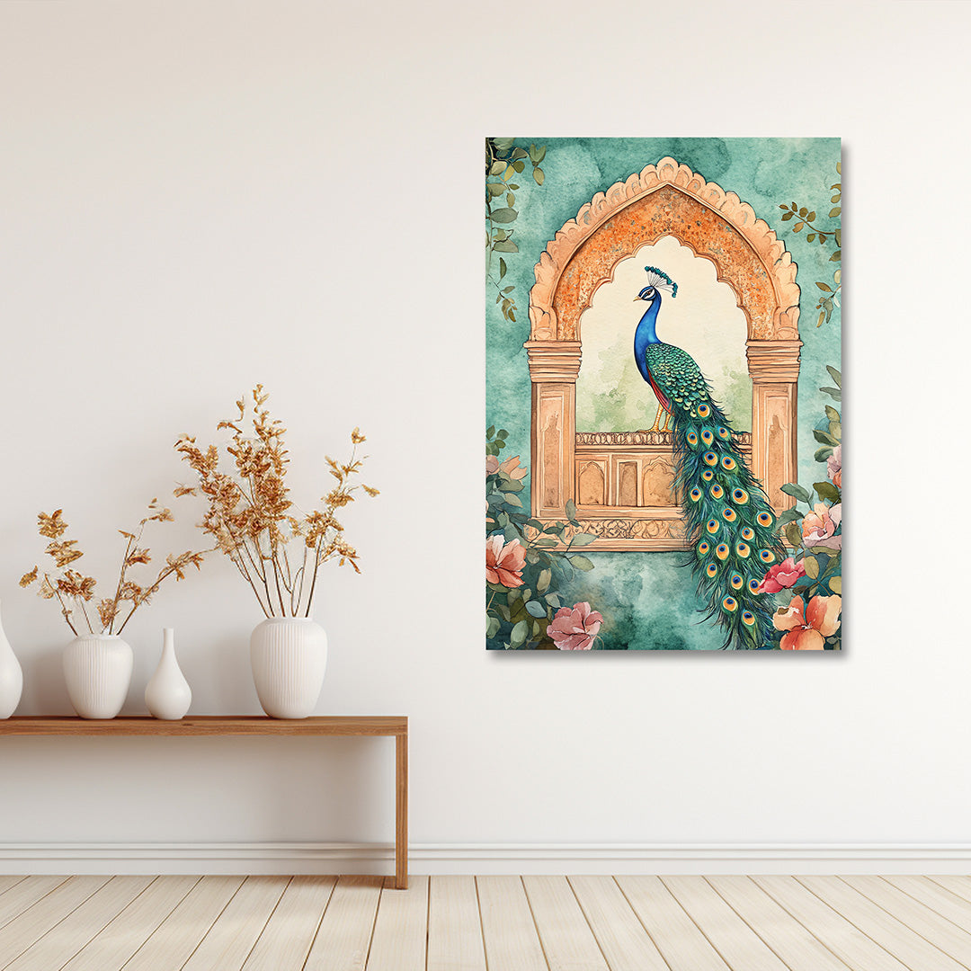 Elegant Peacock Arch Canvas Wall Painting | Traditional Floral Bird Artwork | Premium Aesthetic Wall Decor