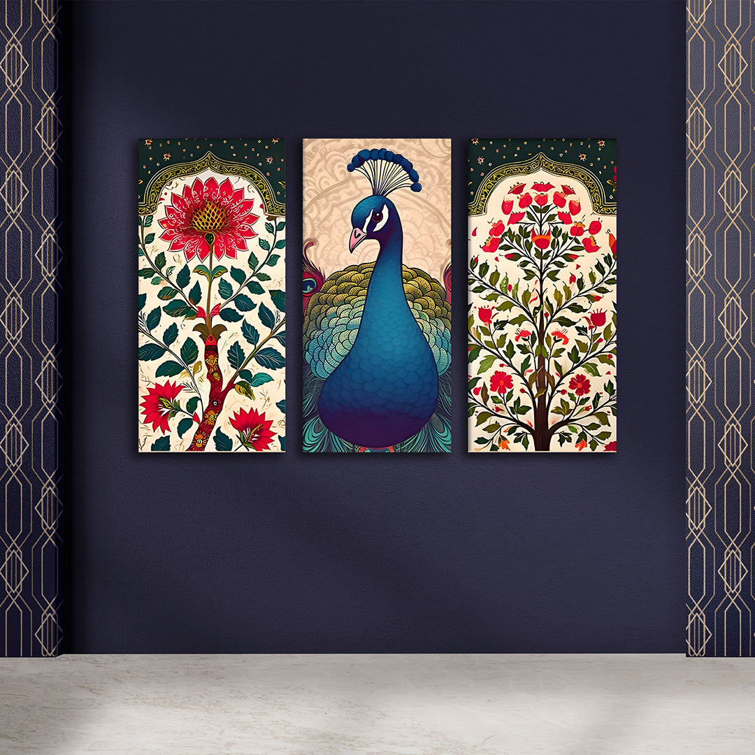 Peacock Madhubani Canvas Painting 3 Panel Wall Art for Living Room (12 x 24 Inches Each Part)