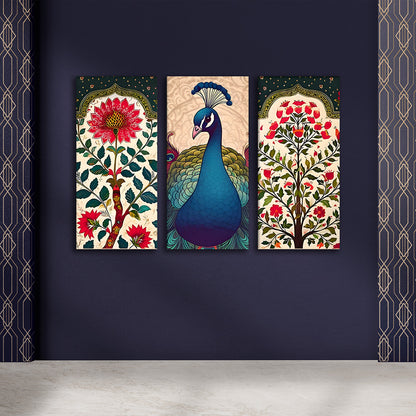 Peacock Madhubani Canvas Painting 3 Panel Wall Art for Living Room (12 x 24 Inches Each Part)
