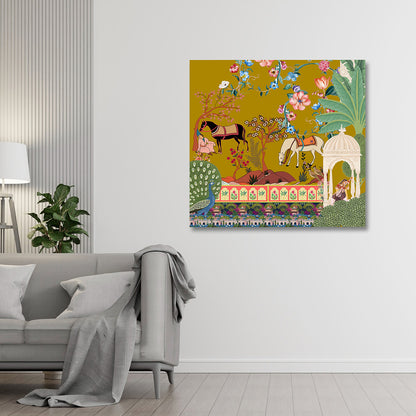 Royal Garden Scene Canvas Wall Painting | Indian Miniature Art Inspired Horse & Nature Artwork | Premium Ethnic Wall Decor