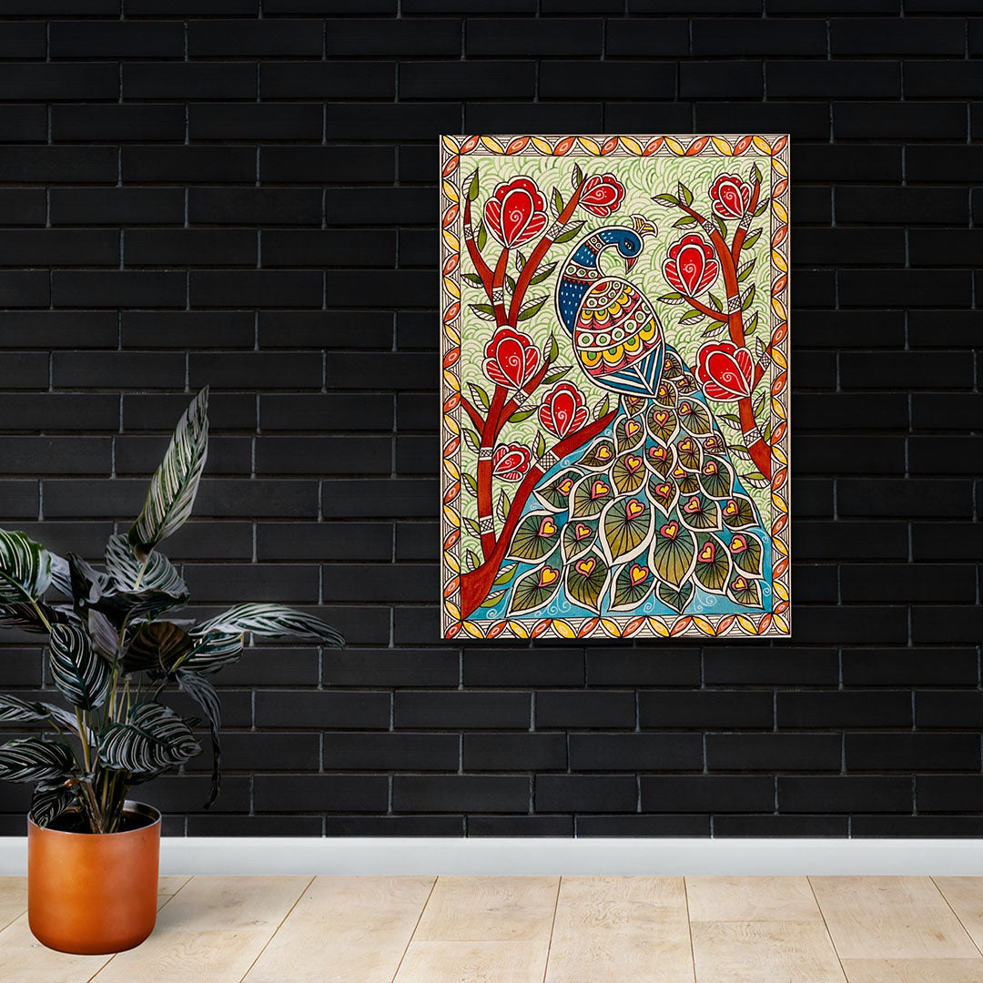 Madhubani Peacock Canvas Wall Art | Traditional Indian Folk Painting for Home Decor & Living Room