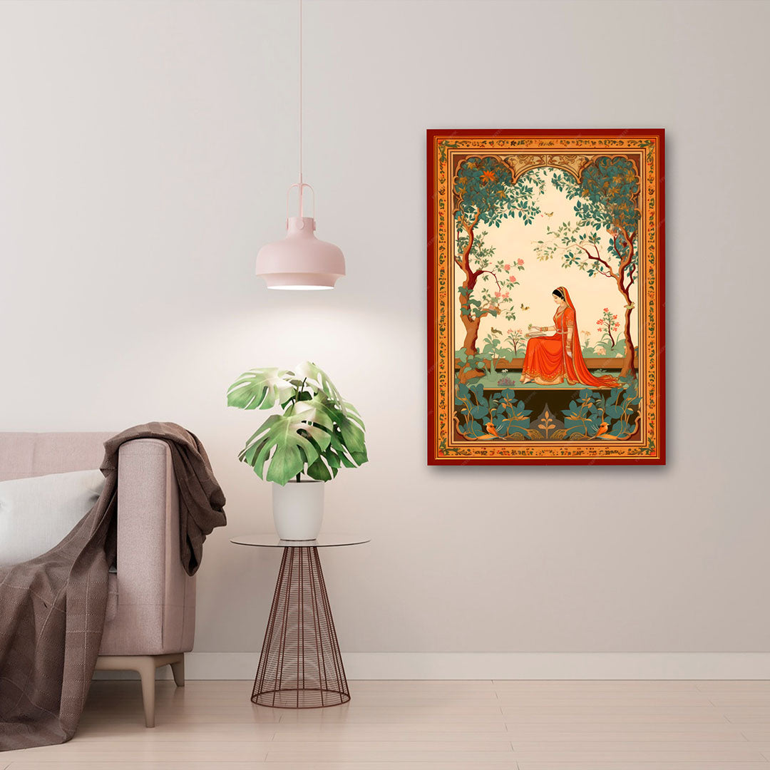 Traditional Indian Woman Garden Scene Canvas Painting – Vintage Ethnic Wall Art Canvas Painting Frame for Living Room